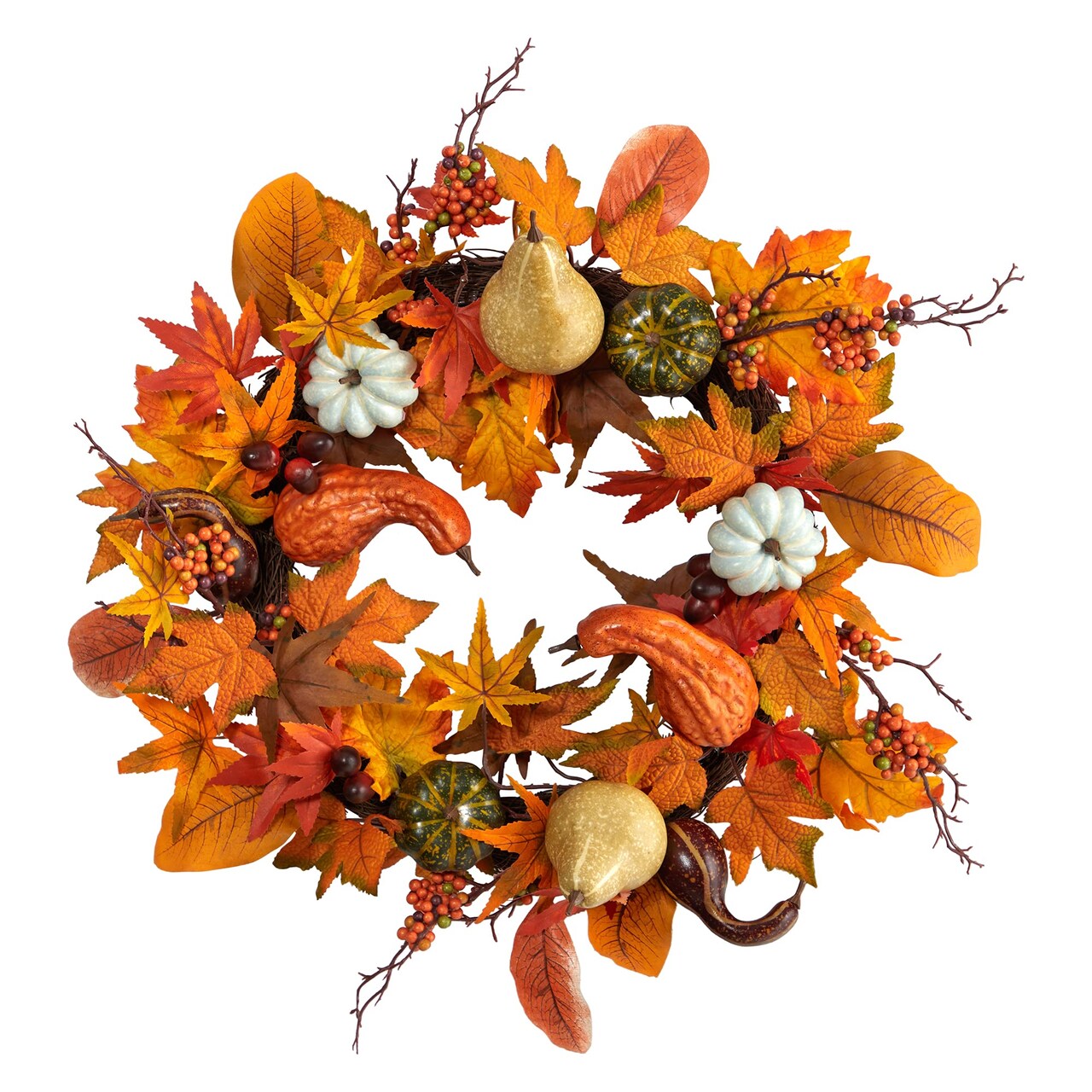 24 Autumn Pumpkin, Gourd and Berries in Assorted Colors Artificial Fall Wreath